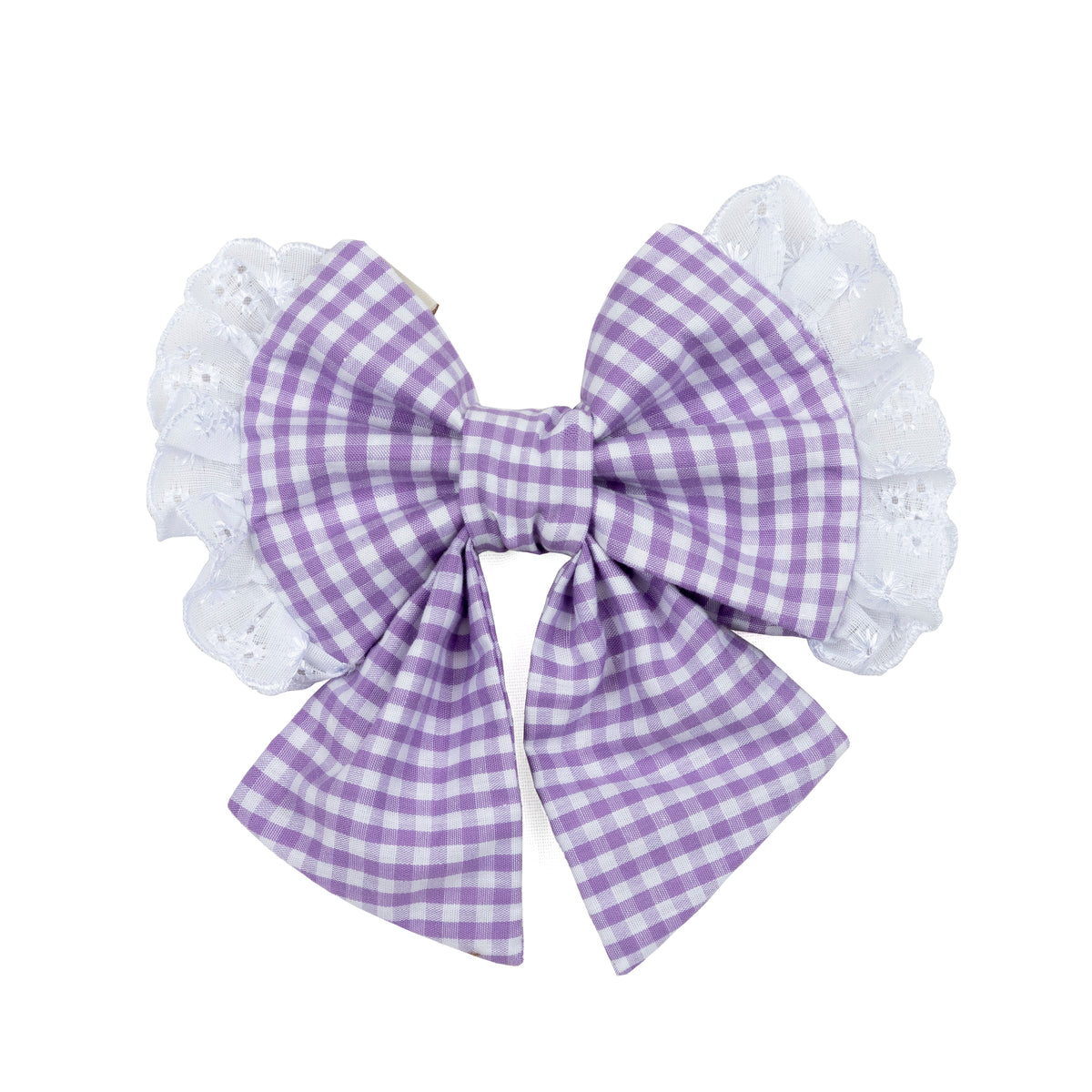 A purple and white gingham dog bow with white eyelet lace wings, shown against a plain white background.