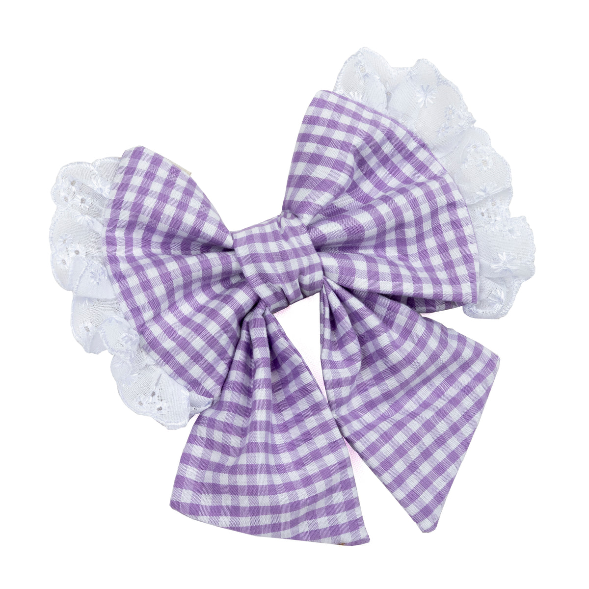 A purple and white gingham dog bow with white lace trim, shown on a solid white background.