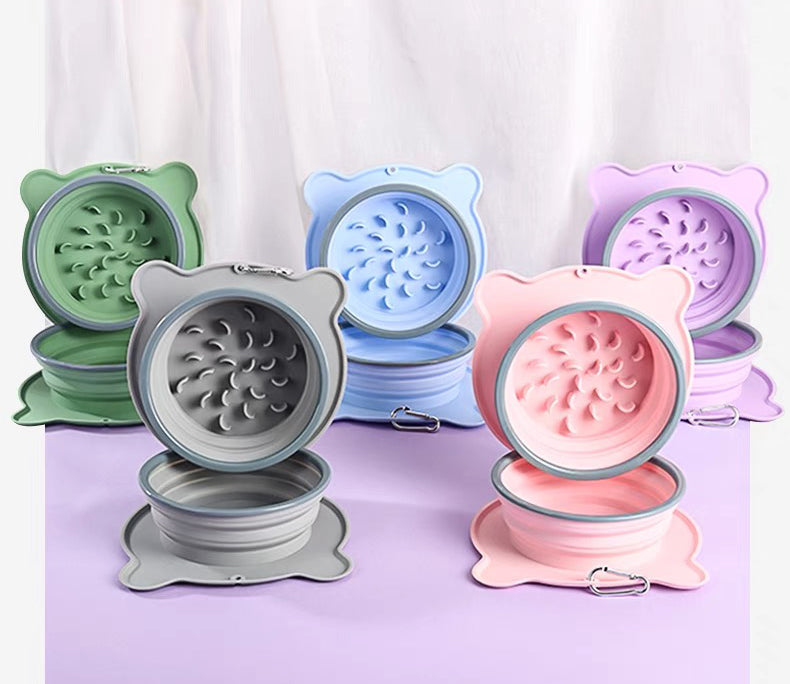 Travel Silicone Collapsible Bowl  | Double Slow feeder for Dogs and Cats and Water Bowl image 0